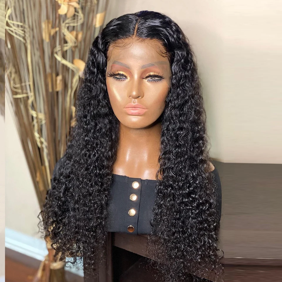 

26Inch Natural Black Color Kinky Curly Natural Hairline Lace Front Synthetic Wig For Women With Baby Hair 180 Density Meddle Par