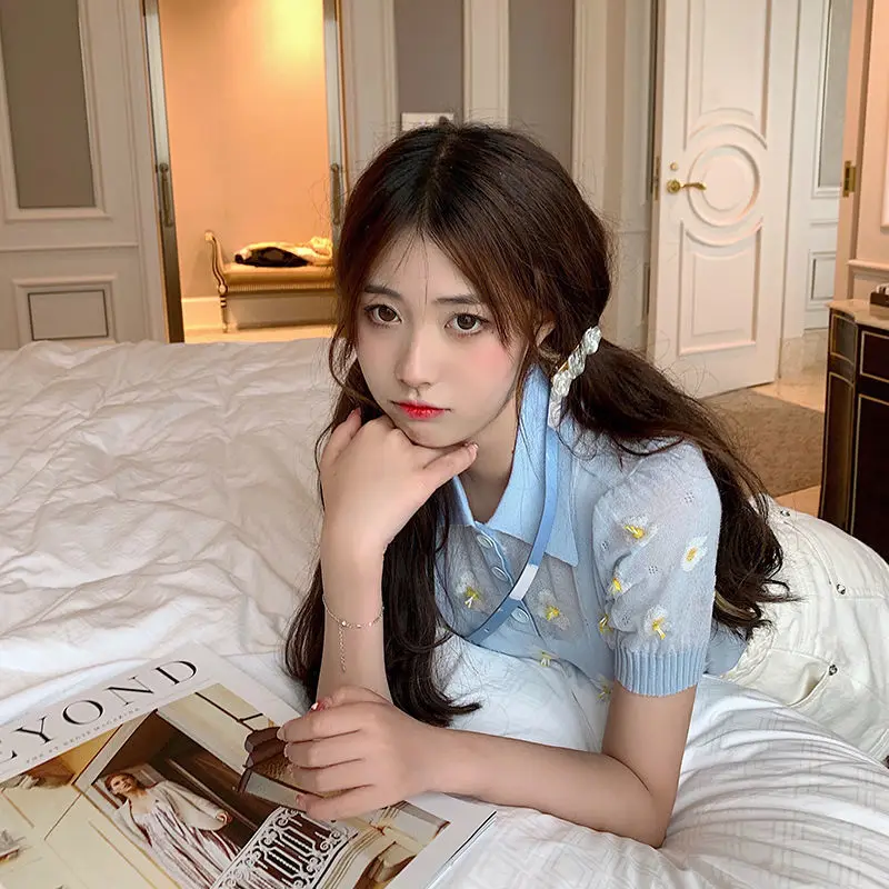 

2021 summer New Girls Embroidered ice silk T-shirt women's Short Sleeve T-Shirt