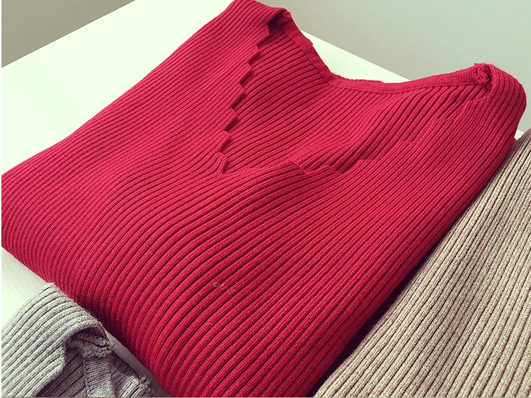

Fashion Autumn Women V-neck Long-sleeve Knitted Sweater Female Jumper Pullover Solid Basic Elasticity Women Clothing Pull Femme
