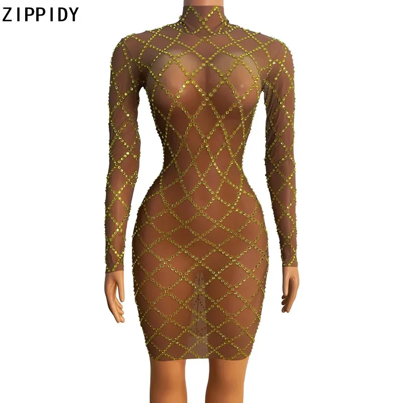 

Transparent Gold Rhinestone Mesh Dress Prom Birthday Celebrate Sexy Outfit Women Club Dance Singer Show Short Dress