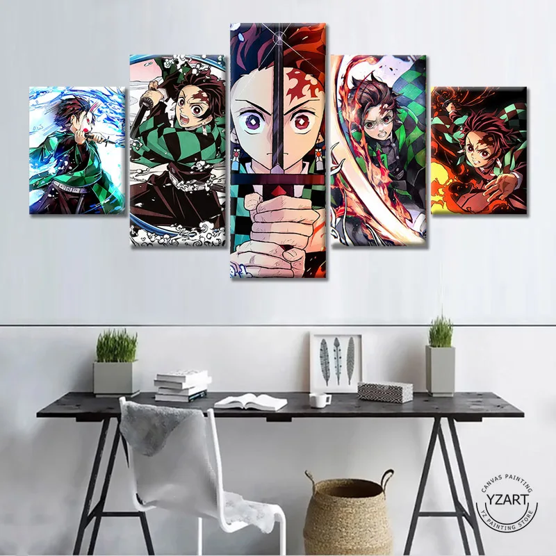 

5 Pictures Tanjirou Prints Canvas Anime Demon Slayer Kimetsu No Yaiba Oil Painting Poster Wall Art Anime Decor