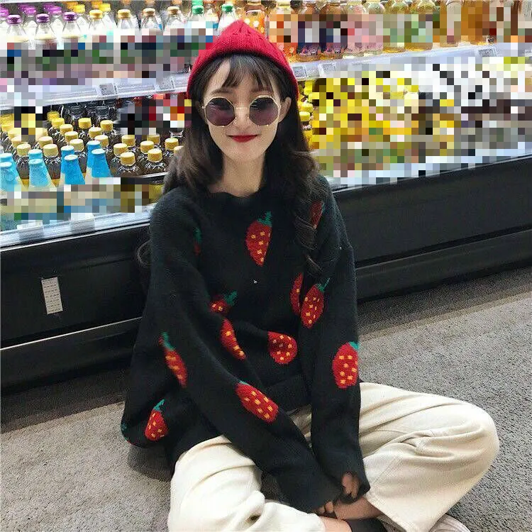 

Women Oversized Sweater Pullovers O-neck Strawberry Pattern Printed Pull Jumpers Long Sleeve Street Knit Tops 1E786