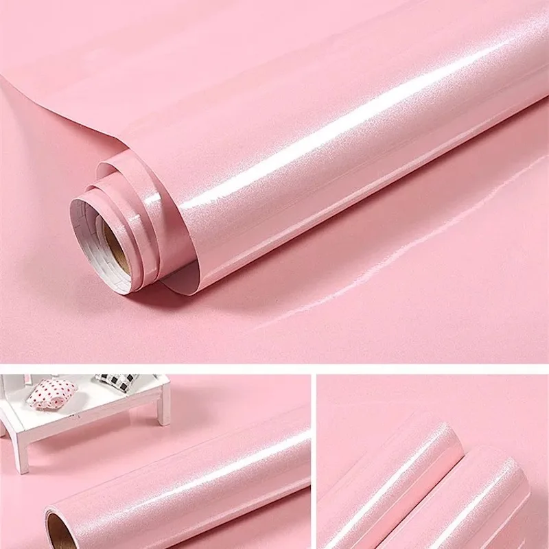 Pegatina De pared rosa brillante, Papel tapiz autoadhesivo De Color sólido, película decorativa De PVC para armario, Escritorio, Muebles, bricolaje