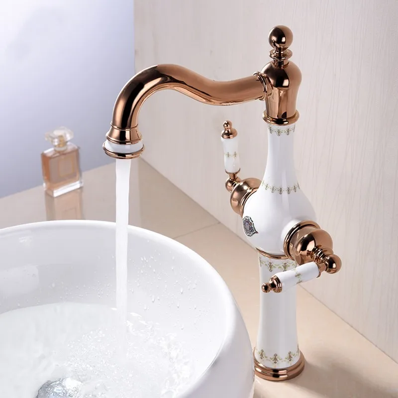 

Luxury Brass Bathroom mixer faucet series Top Quality Rose gold copper cold hot water Faucet With ceramic decoration