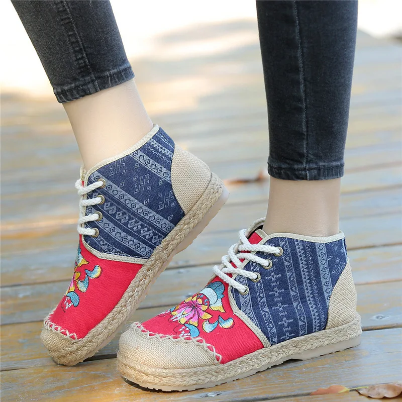 Spring Autumn Women Shoes High Top Canvas Shoes Female Flats Embroidered Footwear Ankle Boots National Style Weaving Casual Shoe