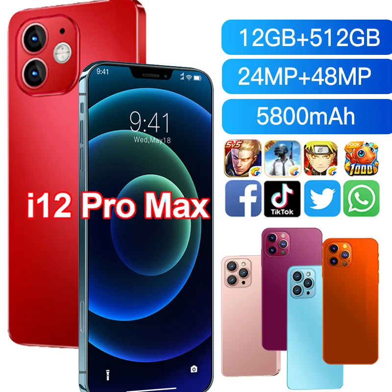 

I12 Pro Max 6.7Inch Smartphone 12GB+512GB 5800mAh Face ID Google Android 10 Unlocked 5G Global Version Mobilephone Support GPS
