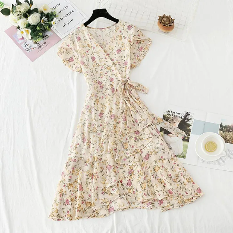 

2021 Цветочный принт шифоновое летнее платье 2021, нежный, с v-образным вырезом, с коротким рукавом длиной до колен платья для женщин тонкий нере...