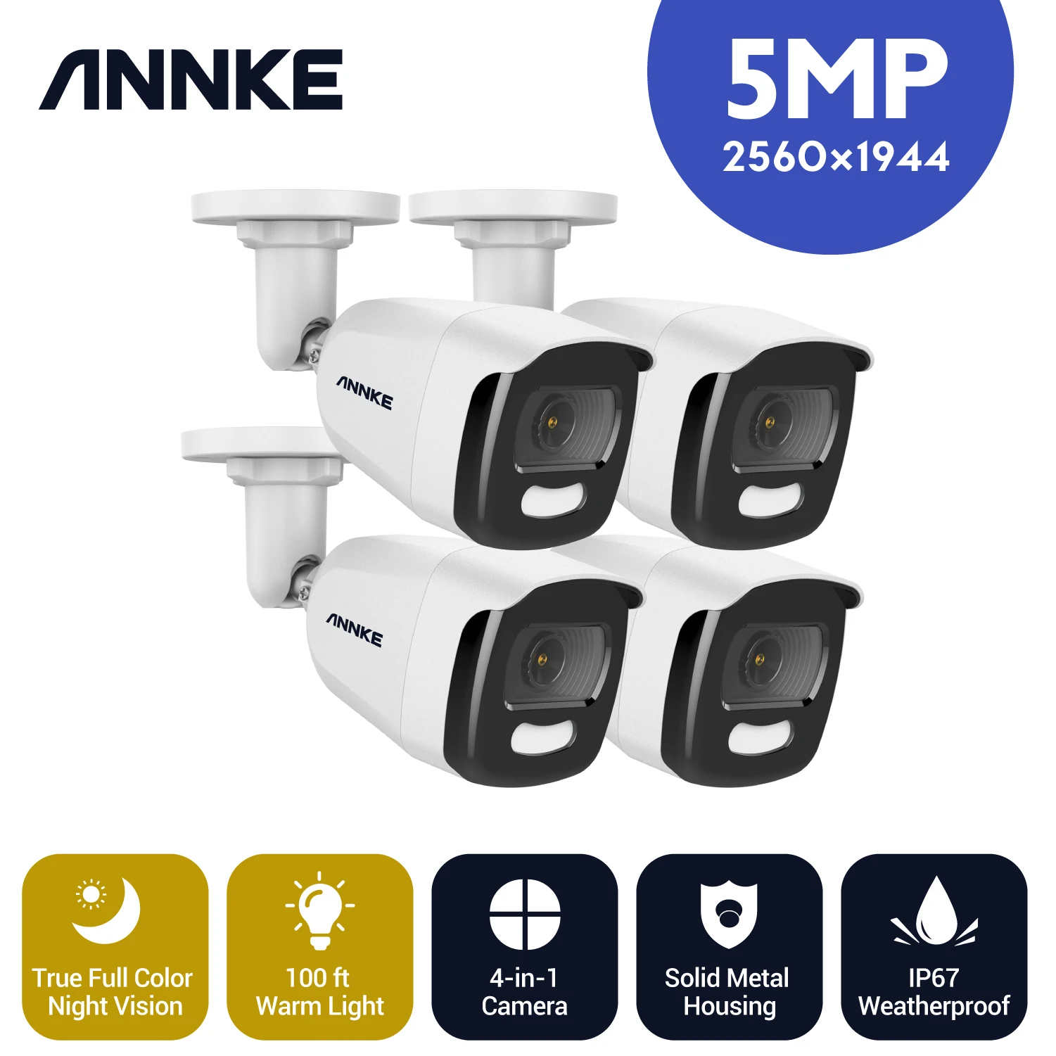 ANNKE 4pcs HD 5MP Full Color Night CCTV Camera Outdoor IP67 Weatherproof White Bullet Security Surveillance System - купить по