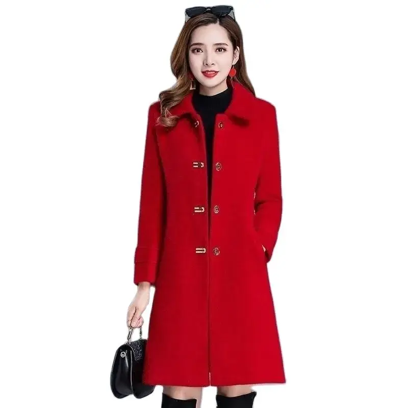 

Female Natal Year Red Slim-fit Woolen Jacket Imitation Mink Velvet Coat Women Mid-length 2022 New Thin Casual Woolen Jacket A849