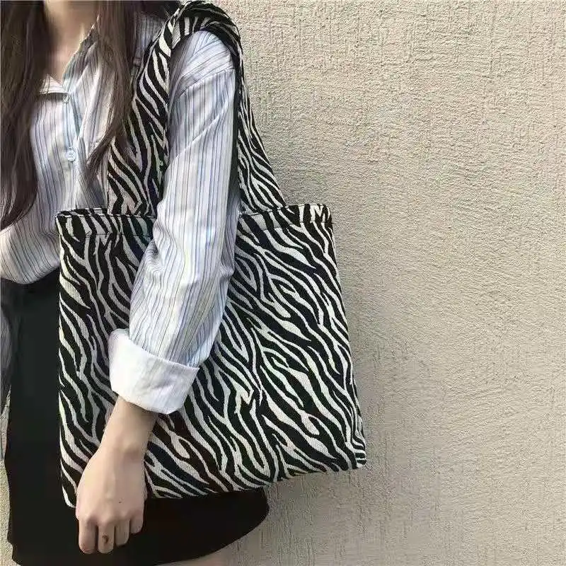 Zebra Printed Canvas Bag Female Tote 2021 New Campus Student Korean Version Ins Large-Capacity Multifunctional One Shoulder
