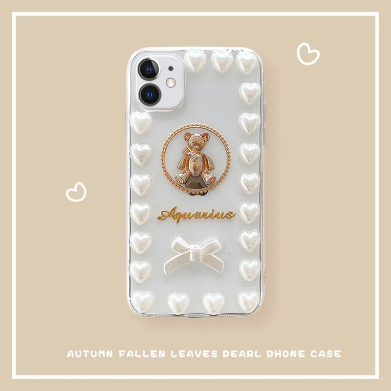 

Korea Cute Cartoon Metal Bear Love Heart Pearl Bow Transparent Phone Case for Iphone X XR XS 11 12 Pro MAX 7 8 Plus Cover Funda