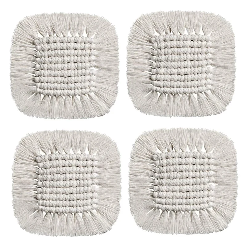 

Подставки для напитков макраме, набор из 4 квадратных подставок с кисточками в стиле бохо, подставки с теплозащитным ковриком