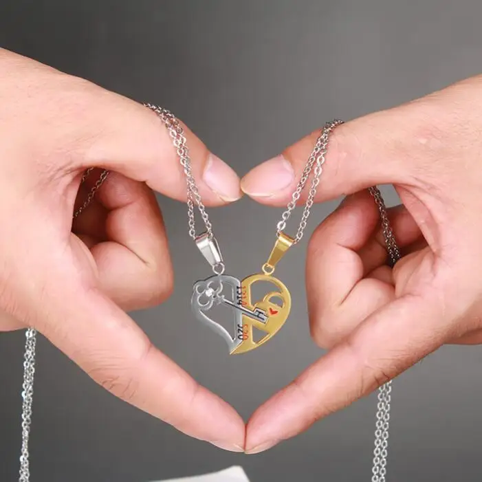 

LOOKER Romantic Couples Heart Key Crystal Pendant Her & His Love Necklace Set Lover Valentine Stainless Steel