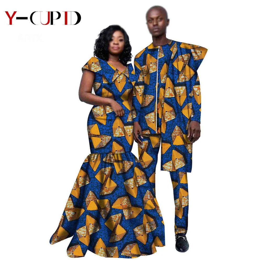 African Clothes for Couples Women Ankara Long Mermaid Dresses Lover Clothes Bazin Riche Men Unquie Shirt and Pants Sets YS20C005