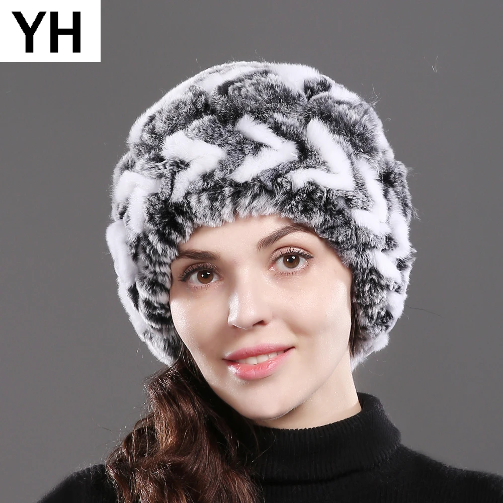 Брендовые женские натуральный шапки из меха кролика Рекс вязаные в полоску