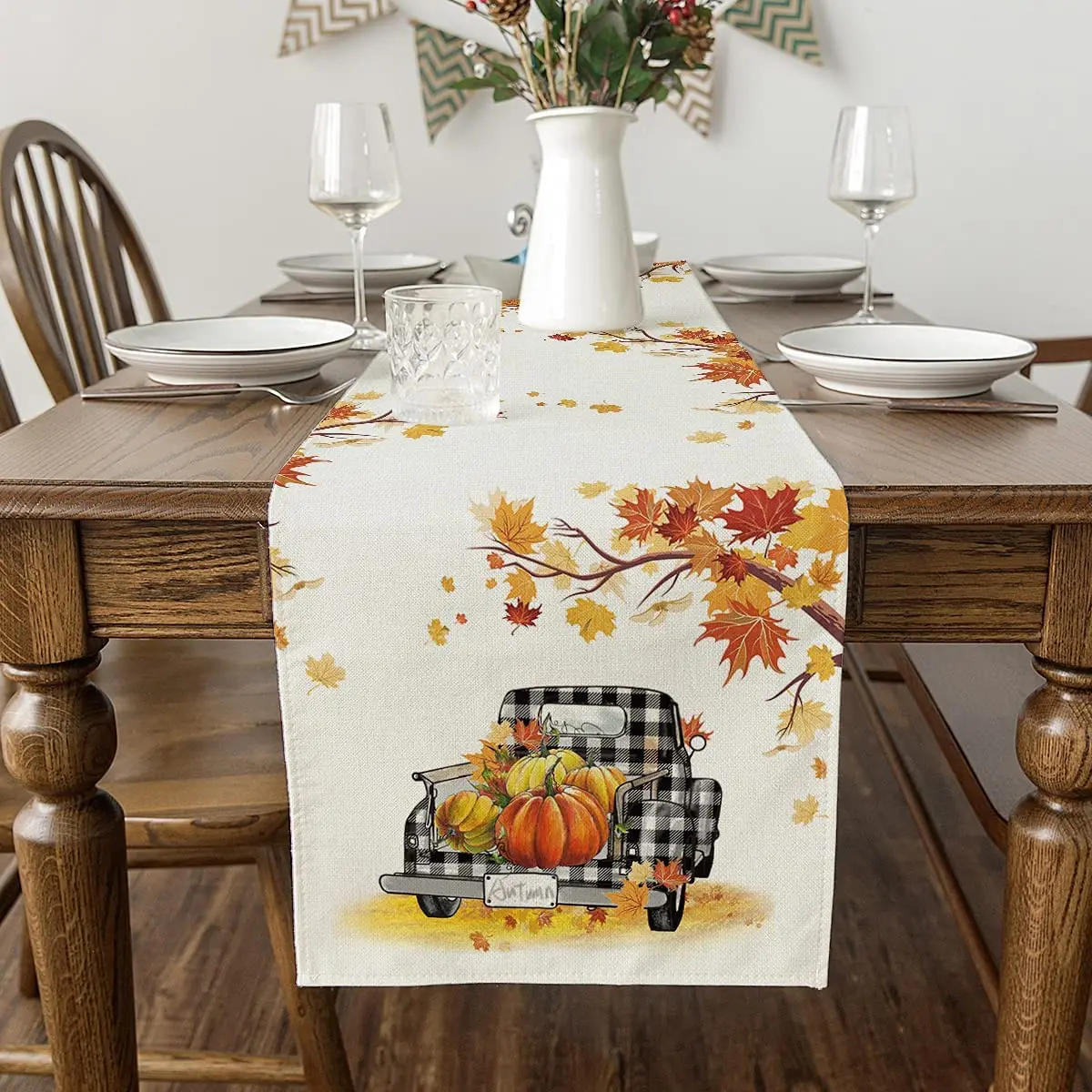 

Maple Leaves Pumpkins Buffalo Plaid Truck Table Runner Seasonal Fall Harvest Vintage Kitchen Dining Table Decoration Party Decor