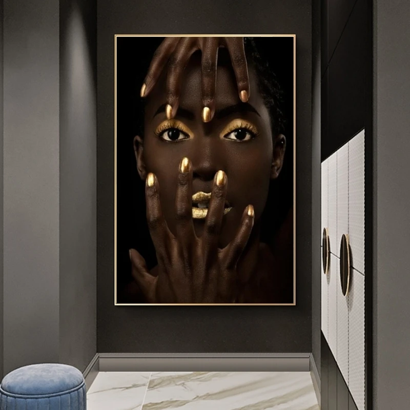 

African Woman Art With Gold Sexy Lips Canvas Paintings On The Wall Art Posters And Prints Black Girls Art Pictures Home Decor