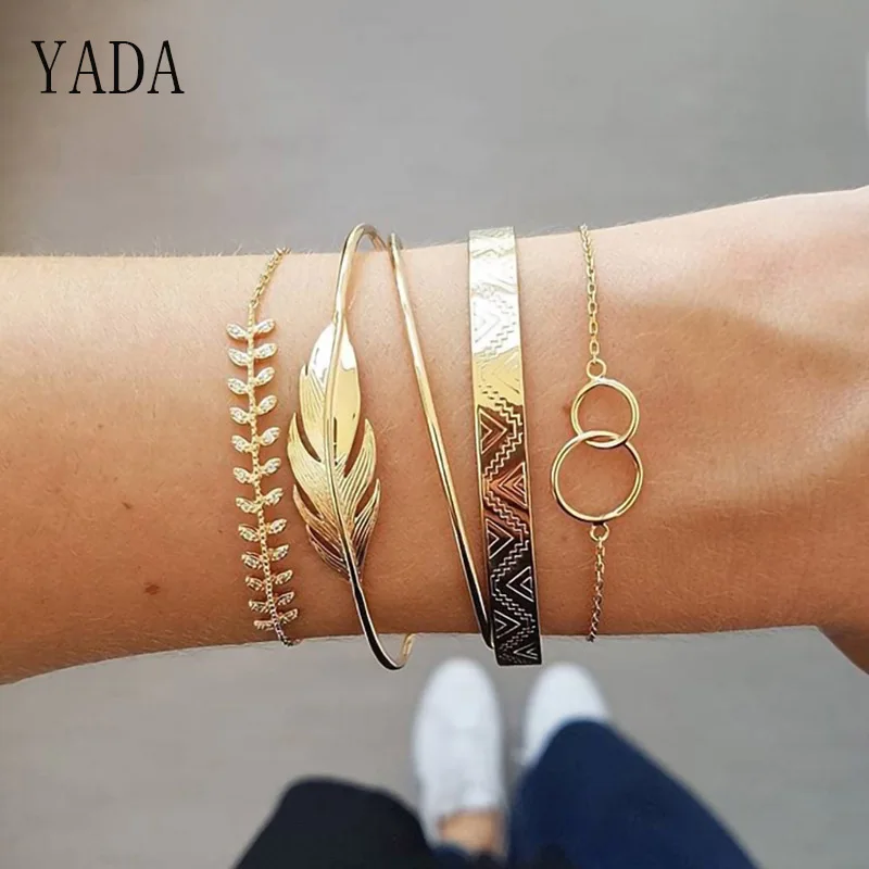 

YADA Gifts 5 PCS/SET Gold Color Leaves Bracelets&Bangles For Women Bracelets Charm Friendship Crystal Jewelry Bracelet BT200003