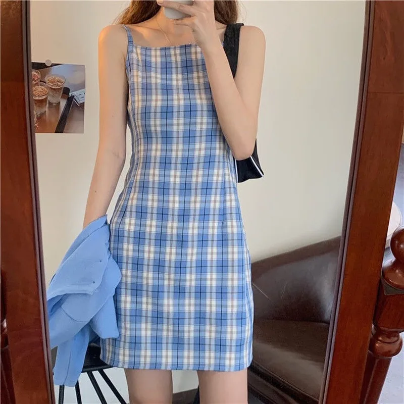 Sleeveless Dress Women Plaid Sling Slim Off Shoulder A-line Skinny Trendy Sweet New Stylish Chic Fashion Womens Streetwear Ins | Женская