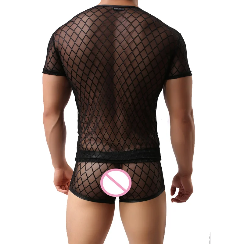 Сексуальное мужское нижнее белье прозрачная сетчатая рубашка с коротким рукавом