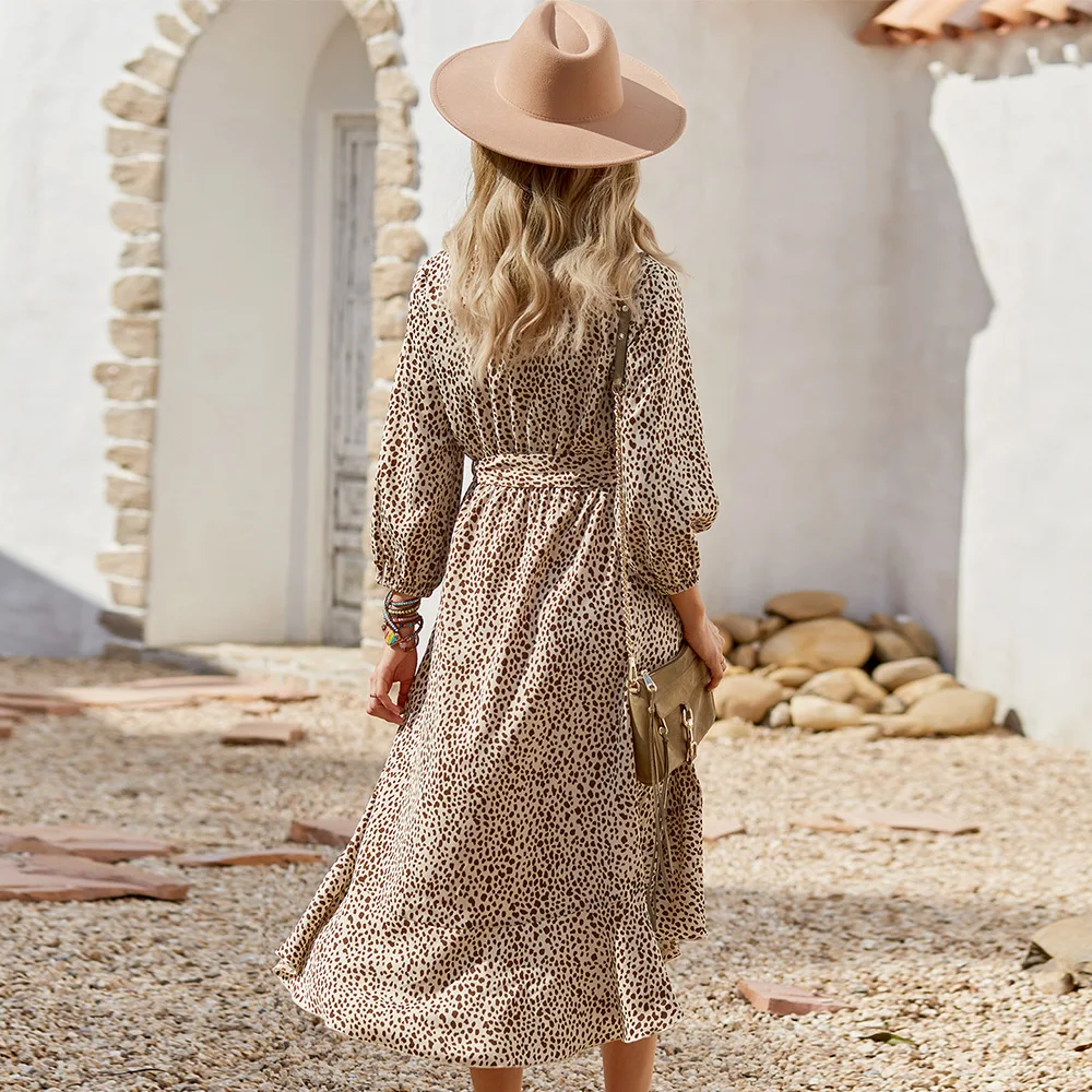 

Khalee Yose Floral Printed Midi Dress Vintage Chic Dresses for Women Autumn Long Sleeve V-neck Button Split Casual Ladies Dress