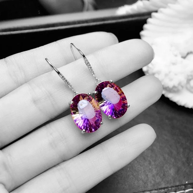 

Ametrine Earrings Female Crystal Flash Plated 925 Silver Delicate Mosaic Tourmaline Earrings Jewelry