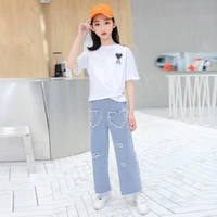 kids clothing sets for girls summer cotton short sleeve t shirtpants with pearl heart pattern thin ripped teenager outfits suit