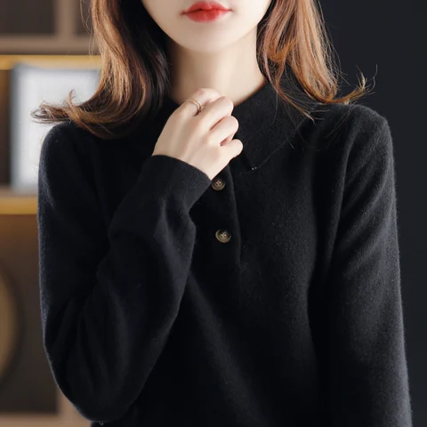 2021 New Cashmere Sweater All-Match Knitted Pullover Fall/Winter Lapel Base Shirt 100%Pure Wool Plus Size Warm Women's Loose Top
