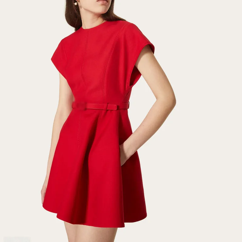 

Женское платье мини с поясом, с круглым вырезом, приталенное свободное платье, лето 2021