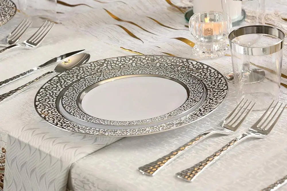

25pcs Silver Plastic Plates-Disposable Plastic Plates with Silver Rim- Lace Design Plastic Wedding Party Plates