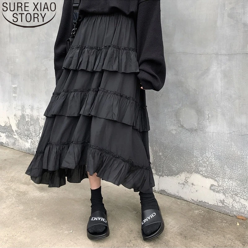 

Goth Lolita Autumn 2022 New Womens Maxi Skirt Midi Long Skirts High Waisted Asymmetrical High Low Ruched Ruffle Skirts 15632