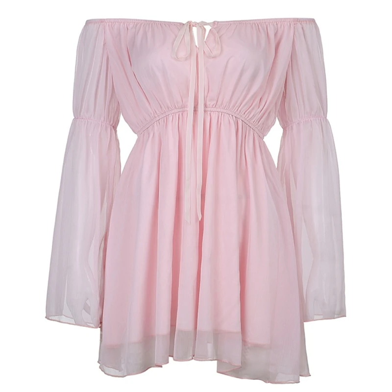 

LXAE Women Chiffon Casual Dress Flared Long Sleeves Waist Bandage Sundress Party Pink Polyester Skirt for Summer clothing