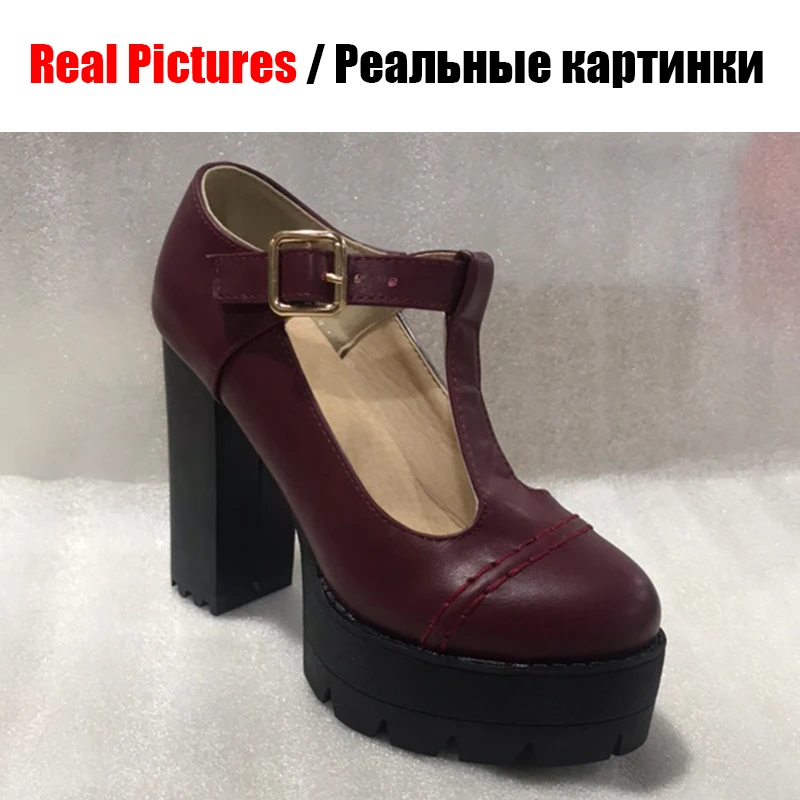 BONJOMARISA/Новые однотонные женские туфли на платформе и высоком квадратном каблуке с Т-образным ремешком; повседневные осенние туфли-лодочки черного цвета; большие размеры 34-43