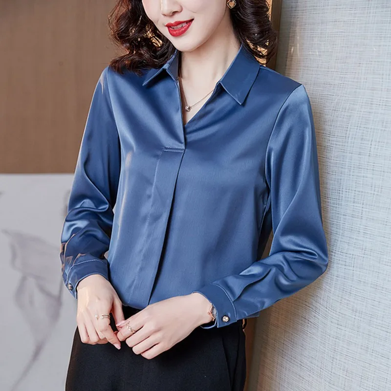 

2021 spring fashion women's tops and shirts, office collars, long-sleeved satin casual shirts, commuter temperament, all-match m