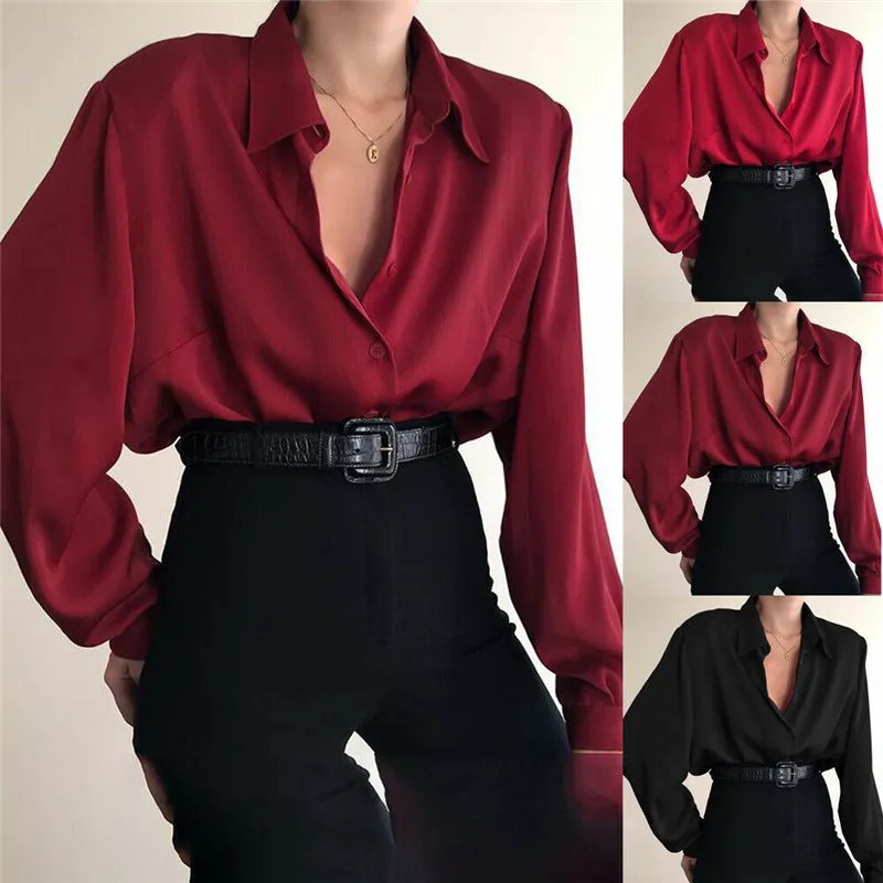 

Women's Casual Fashion Blouse Button Down Shirt Ladies Elegant Work Office Long Sleeve Solid V-Neck Loose Female Blusas Autumn
