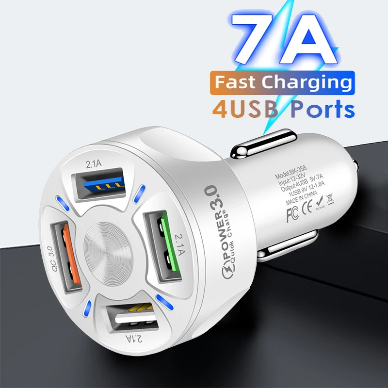 

Автомобильное зарядное устройство с 4 USB-портами и светодиодным индикатором для iPhone 12/12 Pro Max Xiaomi 11 10 Redmi