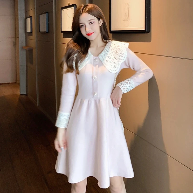 

Winter Knitted Dresses Women Long Sleeve Slim A-Line New Autumn Fashion Casual Sweet Pullover Sweater Dresses For Female Mujer