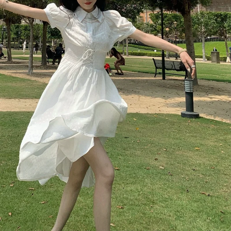

French Elegant Shirt Dress Women One-piece Dress Designer A-LINE Solid Short Sleeve Dress Summer Office Lady Casual Clothing