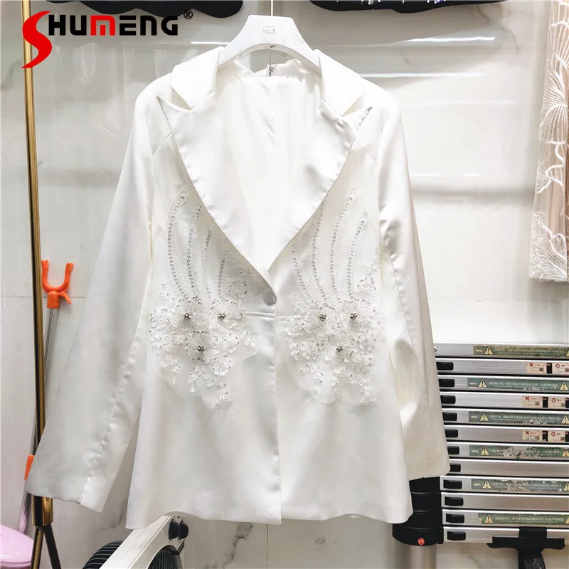 

Осень 2021 Новинка Европейский кружевной Цветочный свободный сатиновый Тонкий Блейзер средней длины с драпировкой приталенный пиджак