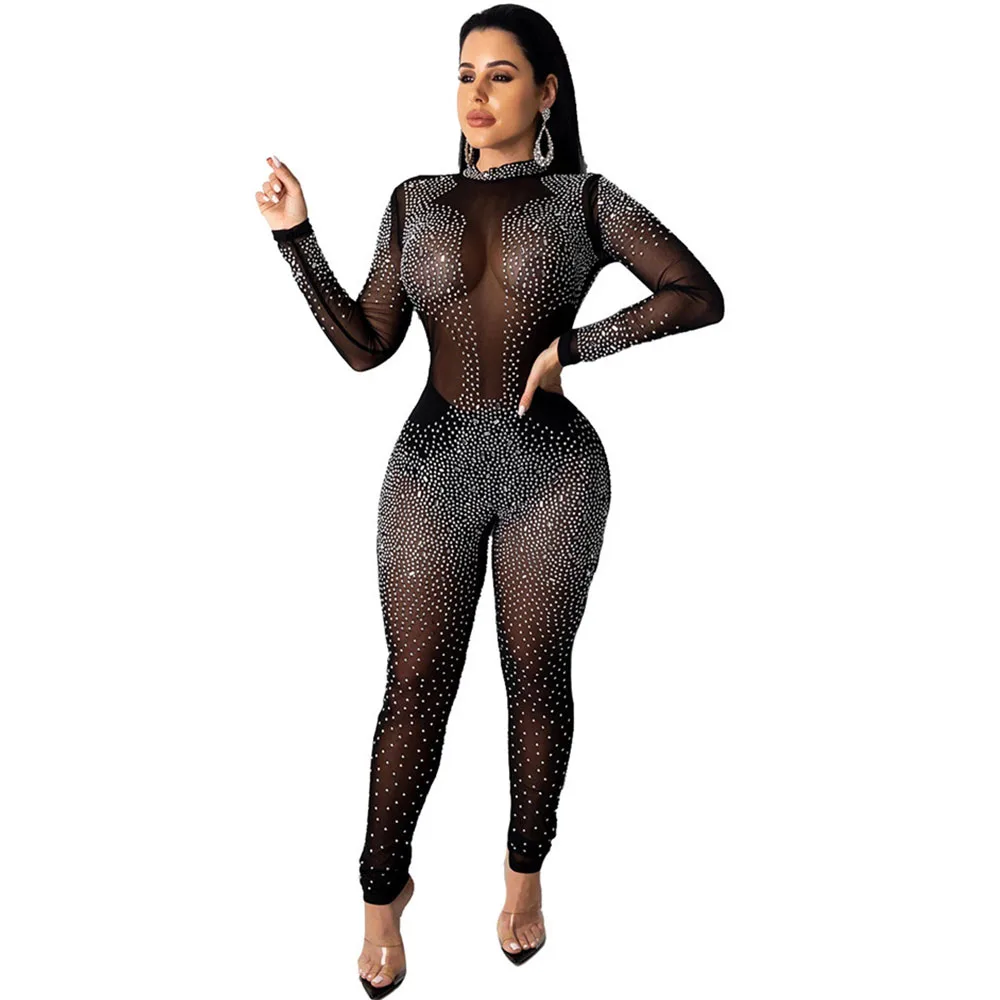 Роскошный блестящий вечерний комбинезон стразы женский сетчатый прозрачный