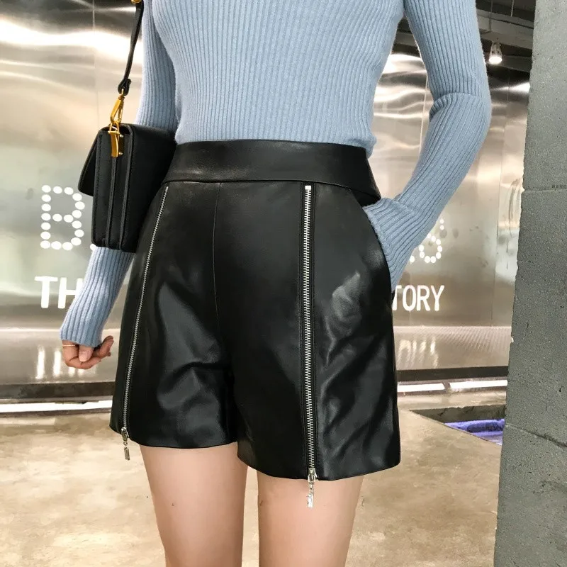 2021 Autumn Winter New Straight Genuine Leather Shorts Women Casual All Match Slim Fit Wide Leg High Waist Sheepskin Mini Shorts