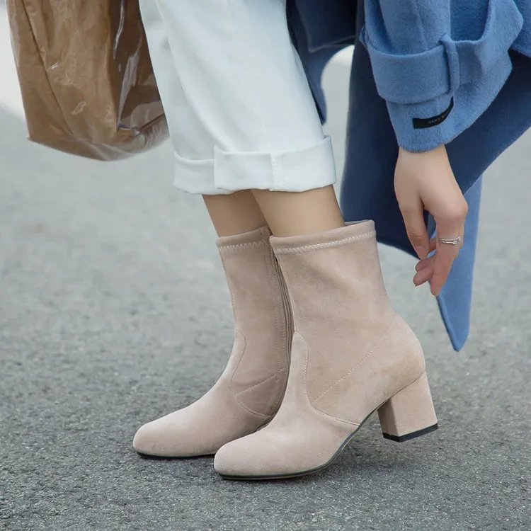 Размера плюс 12 13Fur-faced с круглым носком на квадратном высоком каблуке Сапоги