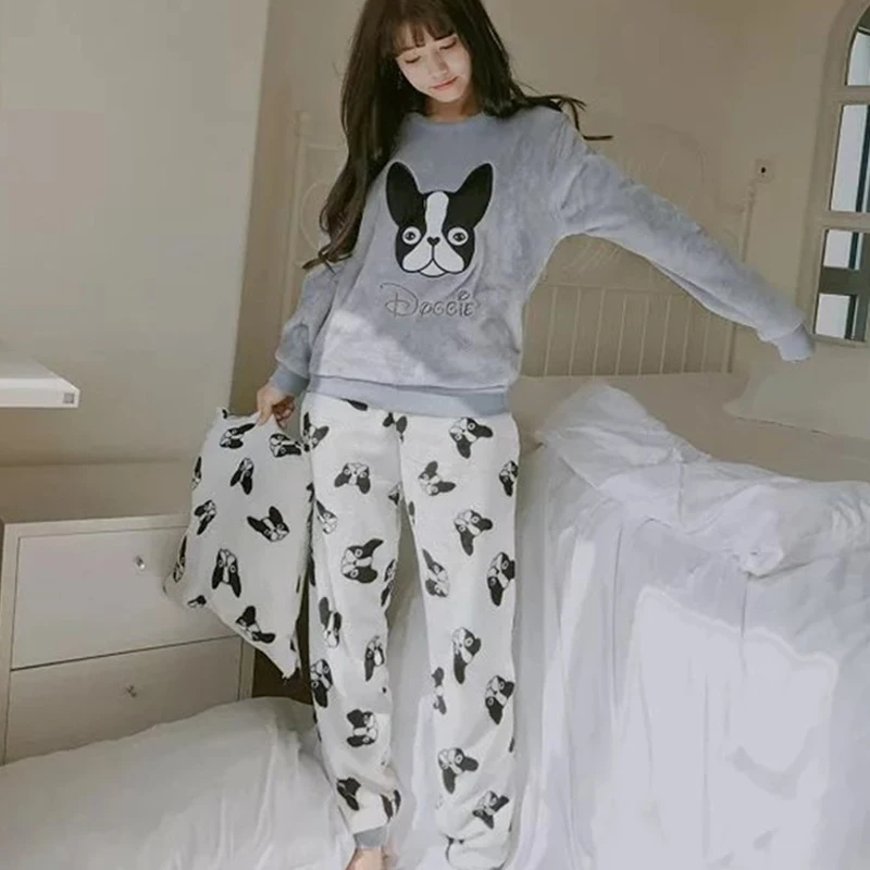 

Autumn And Winter Female Thicken Coral fleece pajamas Korean version sweet Cartoon Long sleeve Home service suit WHX012