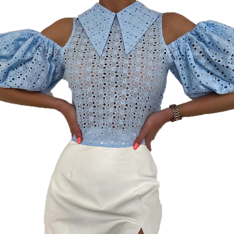 

Sweet Hollow Out Off Shoulder Sexy Shirts Blusa Women Lantern Sleeve Elegant Blouse Vintage Turn-down Collar Lady Tops Pullover