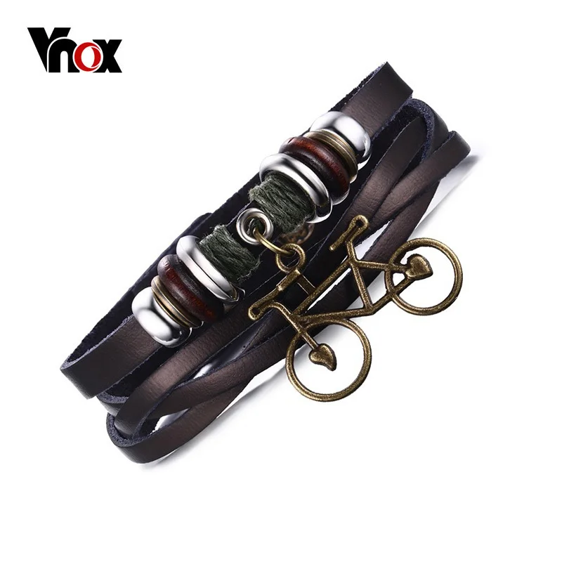 Vnox винтажный кожаный веревочный велосипедный браслет с подвесками ручная работа