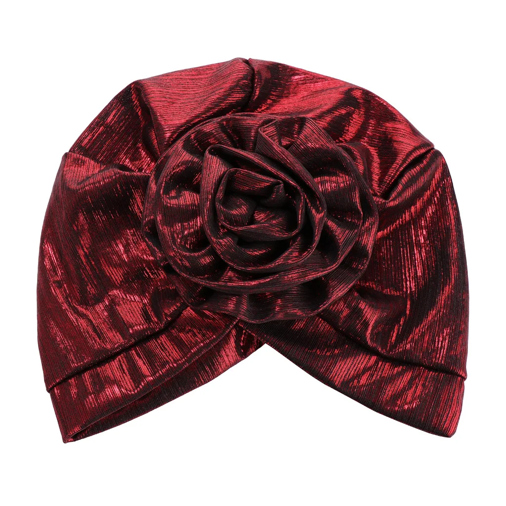 

2021 fashion bright silk wrinkle cloth forehead flower turban hat flower turban hat Muslim can hide hair Baotou cap cover