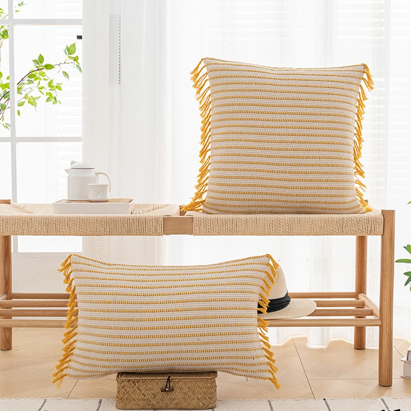 

Stripe Tassels Cushion Cover Yellow Grey Black Pillow Cover Woven for Home Decoration Sofa Bed Living Room Couch 45x45cm/30x50cm