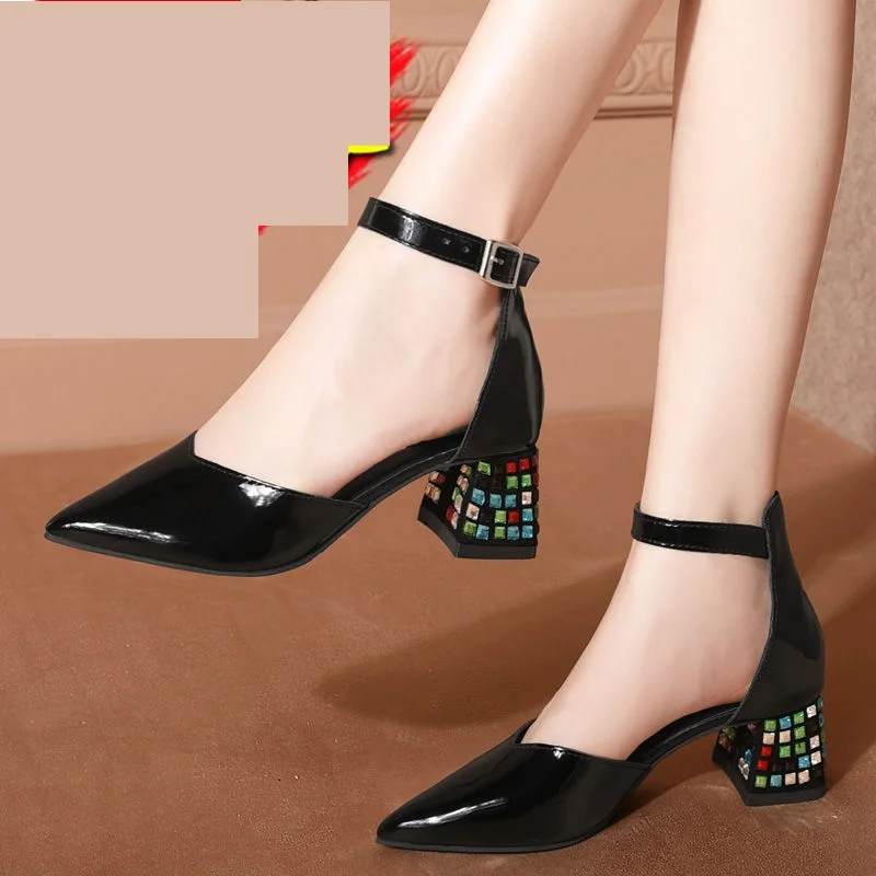 

Split Leather Women's Shoes,2021 Spring High Heels Sandals,Ankle Strap Rhinestone Heel Pumps,Pointed Toe,BLACK,RED,Dropshipping