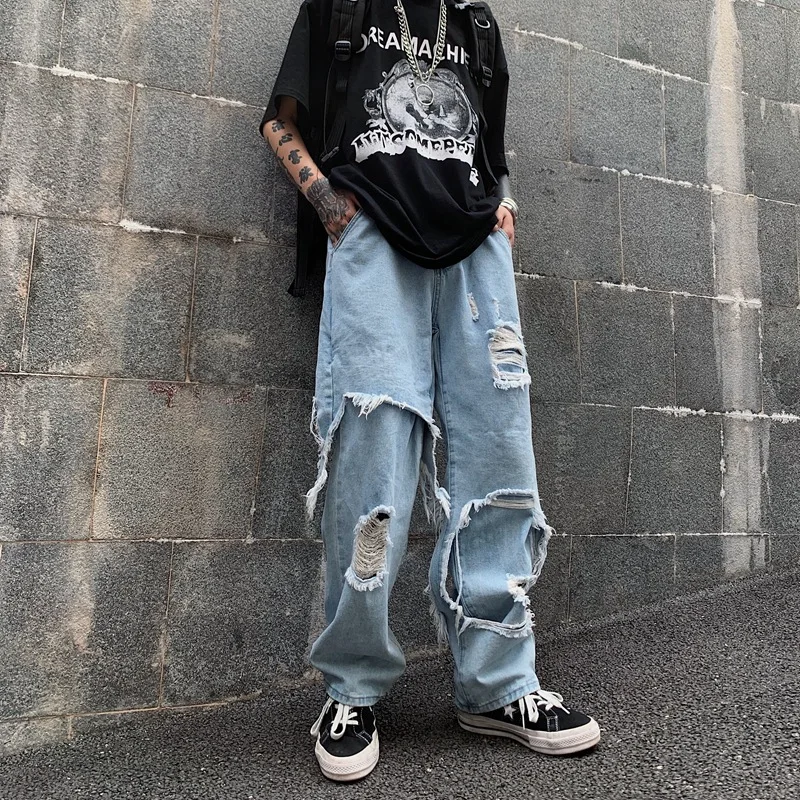 

2021 Spring Autumn Men Jeans Straight Loose Streetwear Hip-hop Broken All-match Fashion Handsome Couples Mopping Casual Jeans