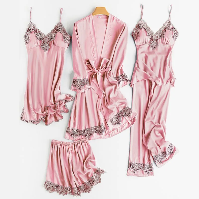 Комплект свадебного халата для женщин атласное кимоно с кружевной отделкой